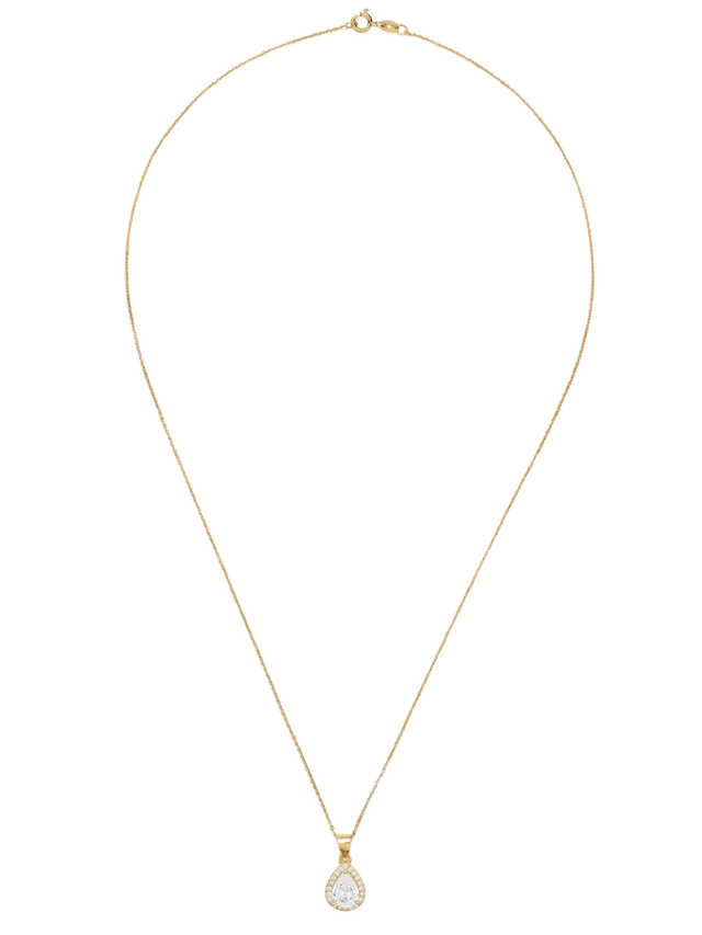 Full length view of the Zia drop pendant necklace in gold